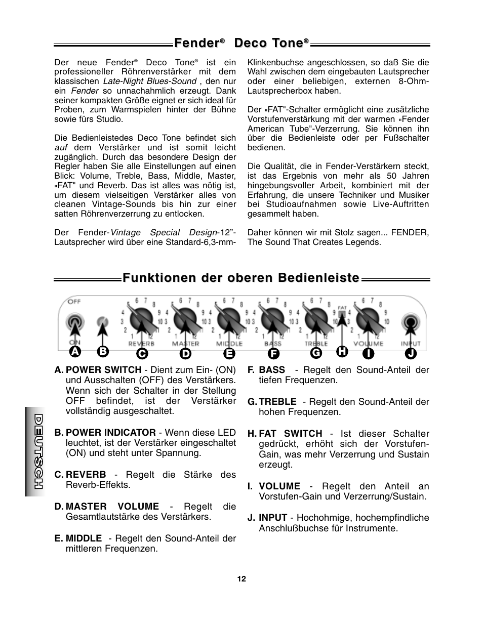 Fender, Deco t, Deco t one one | Funktionen der oberen bedienleiste | Fender Deco Tone User Manual | Page 12 / 16