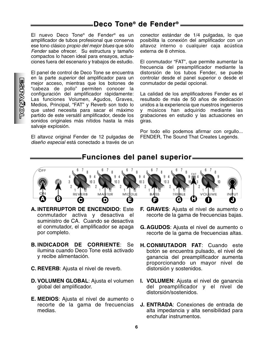 Deco t, Deco t one one, De fender | Funciones del panel superior | Fender Deco Tone User Manual | Page 6 / 16