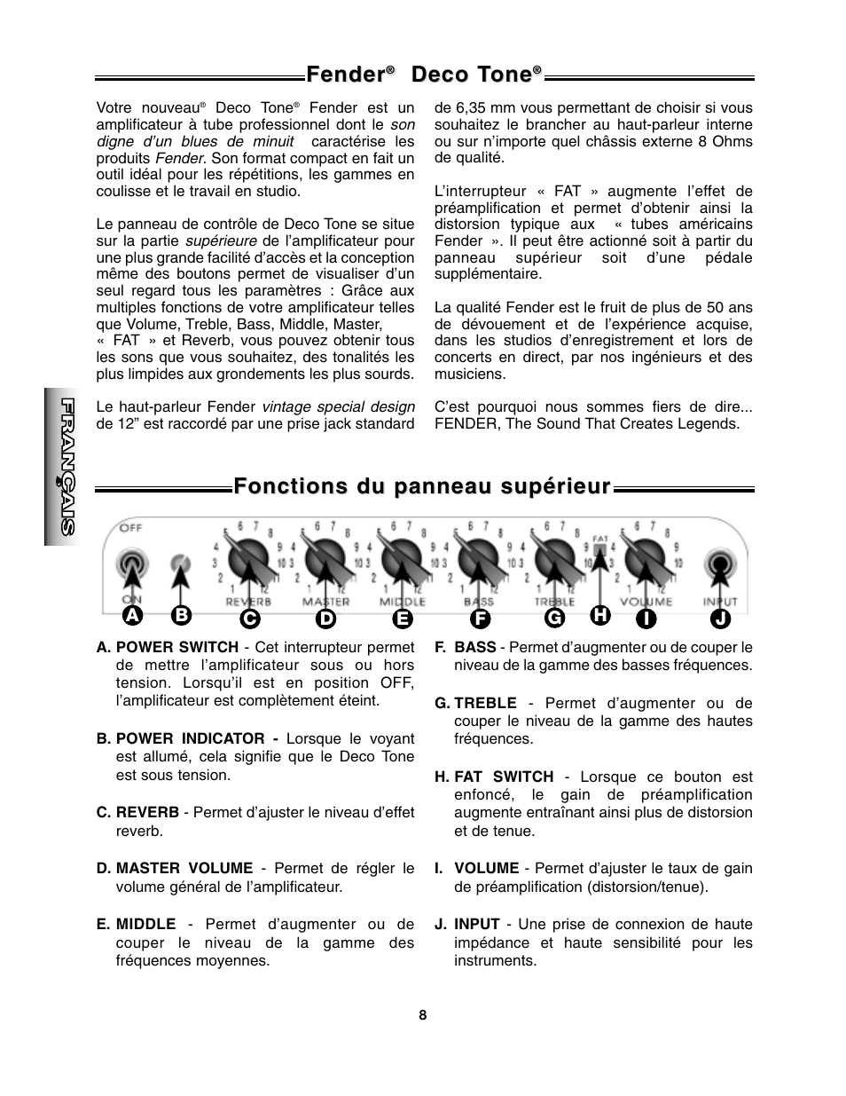 Fender, Deco t, Deco t one one | Fonctions du panneau supérieur | Fender Deco Tone User Manual | Page 8 / 16