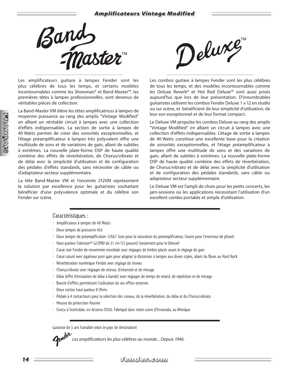 Caractéristiques | Fender Band-Master & Deluxe User Manual | Page 14 / 34