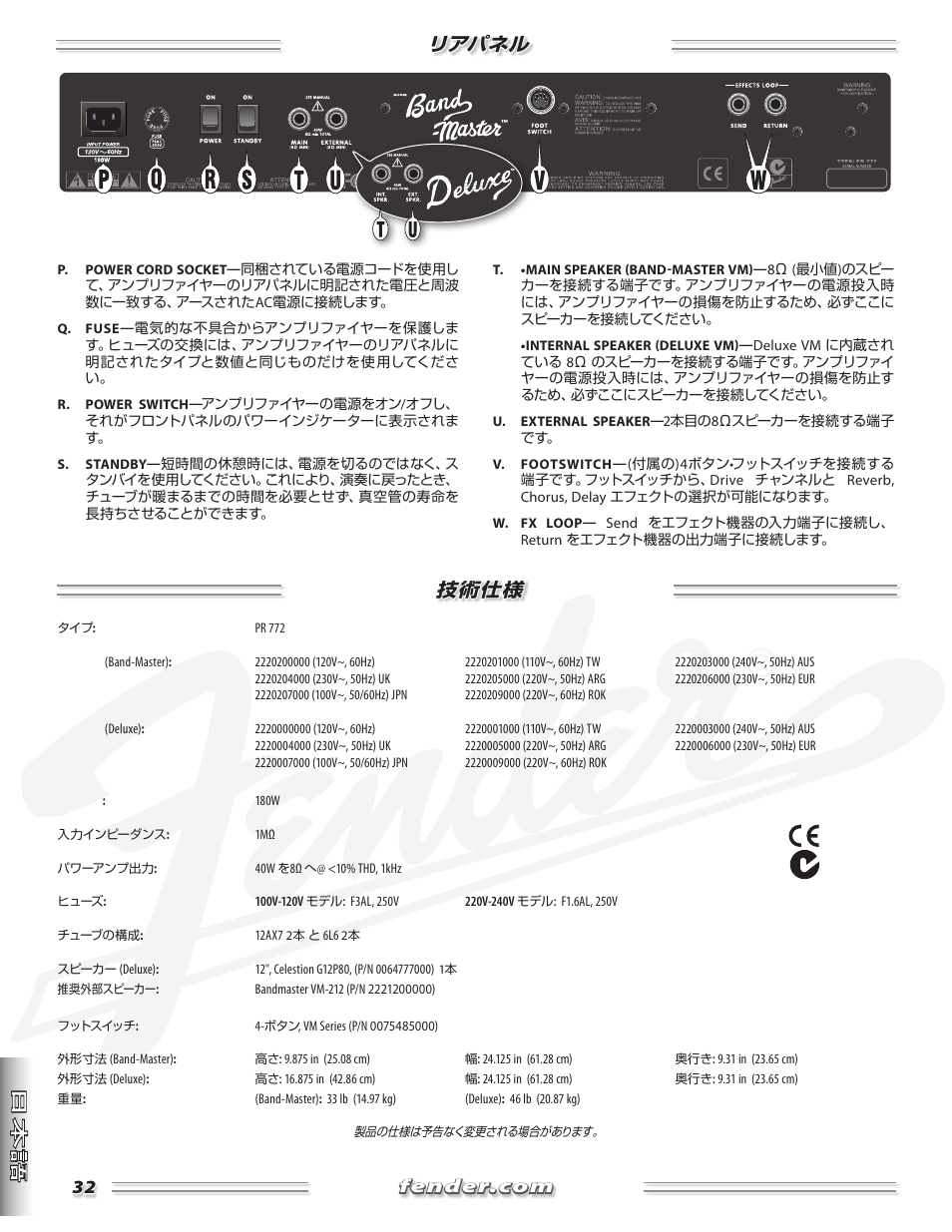 技術仕様 リアパネル | Fender Band-Master & Deluxe User Manual | Page 32 / 34