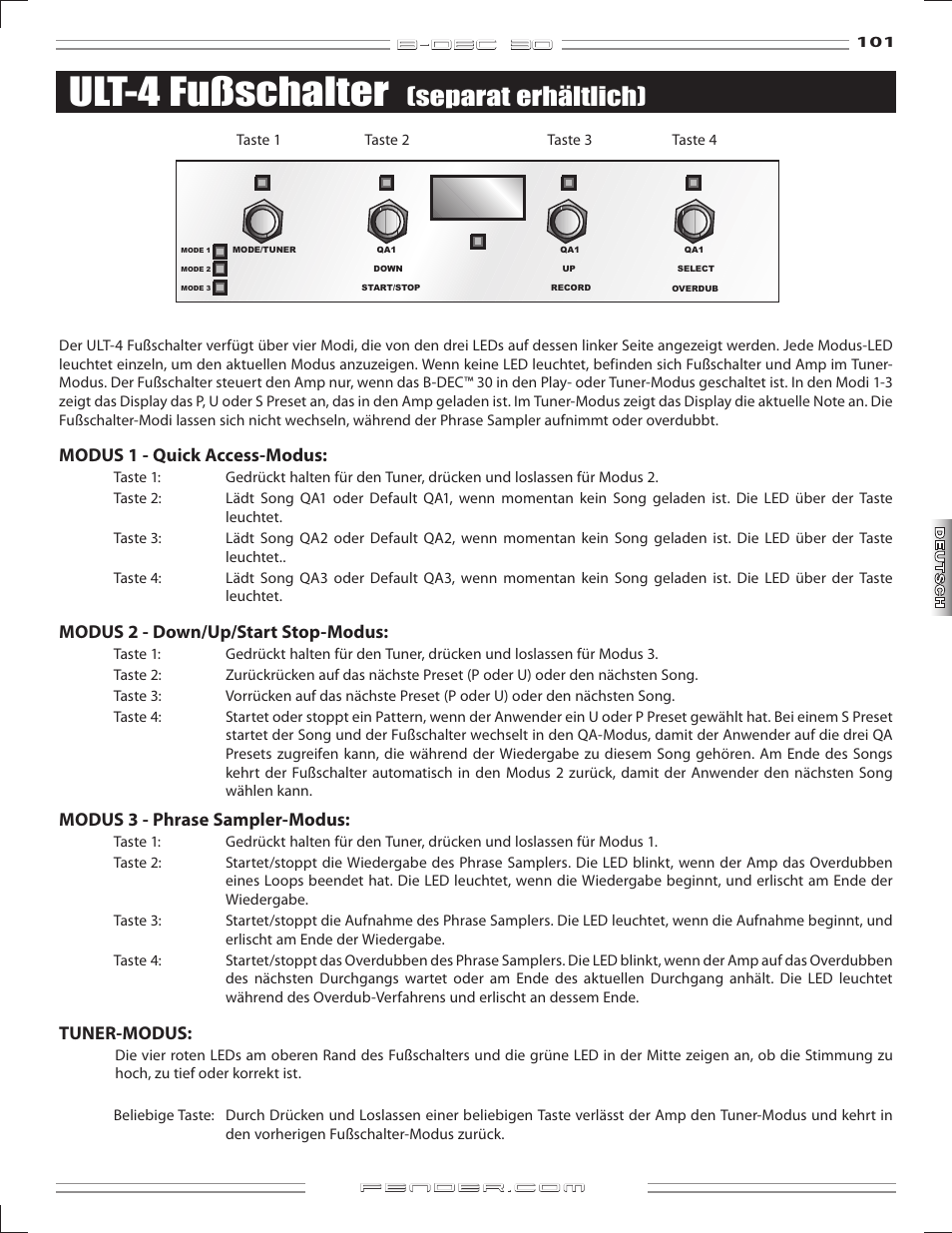 Ult-4 fußschalter, Separat erhältlich), B-dec 3o | Modus1-quickaccess-modus, Modus2-down/up/startstop-modus, Modus-phrasesampler-modus, Tuner-modus | Fender B-DEC 30 User Manual | Page 101 / 156