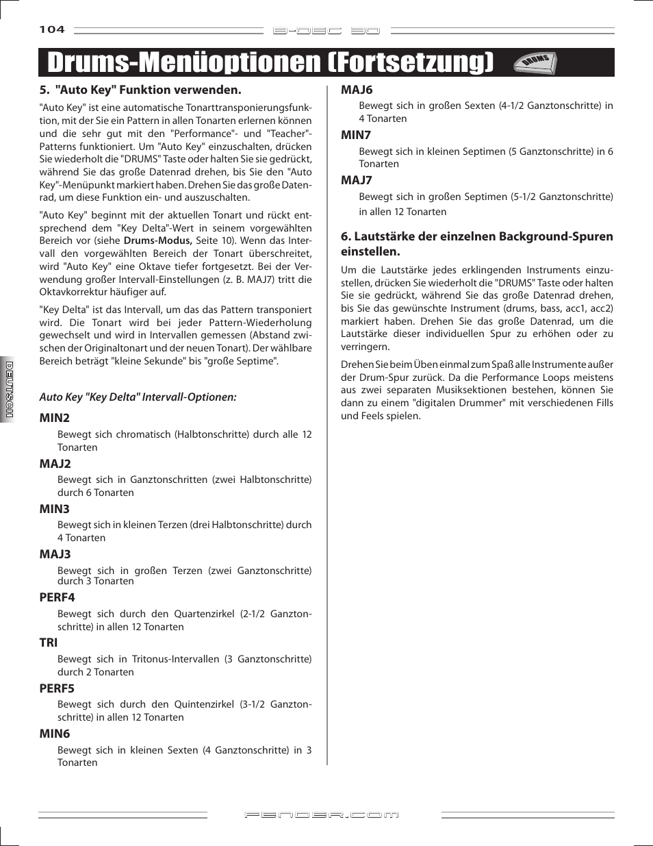 Drums-menüoptionen (fortsetzung) | Fender B-DEC 30 User Manual | Page 104 / 156