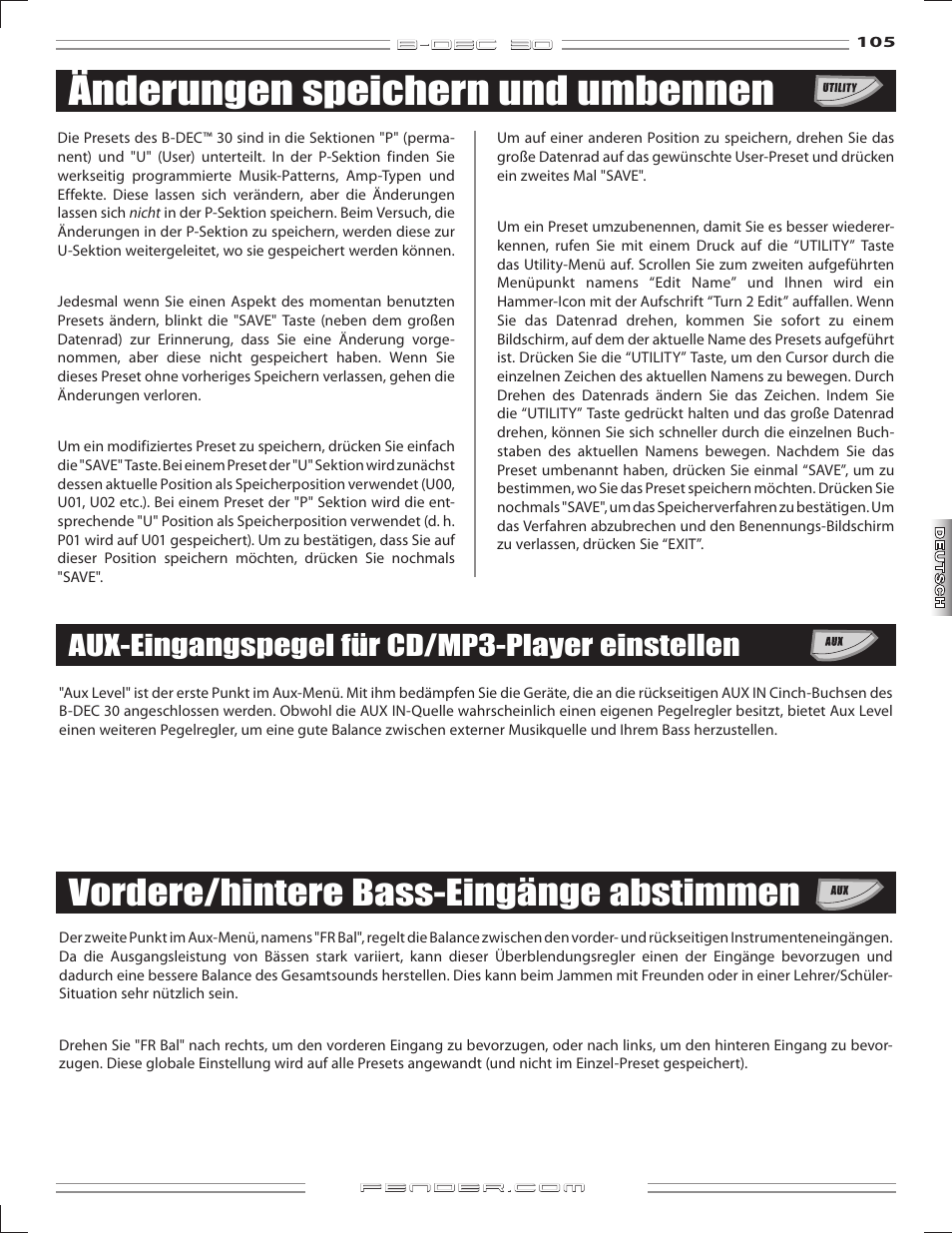 Änderungen speichern und umbennen, Vordere/hintere bass-eingänge abstimmen, Aux-eingangspegel für cd/mp3-player einstellen | Fender B-DEC 30 User Manual | Page 105 / 156