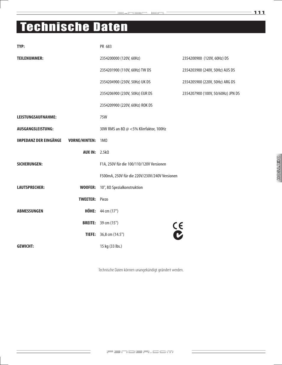 Technische daten | Fender B-DEC 30 User Manual | Page 111 / 156