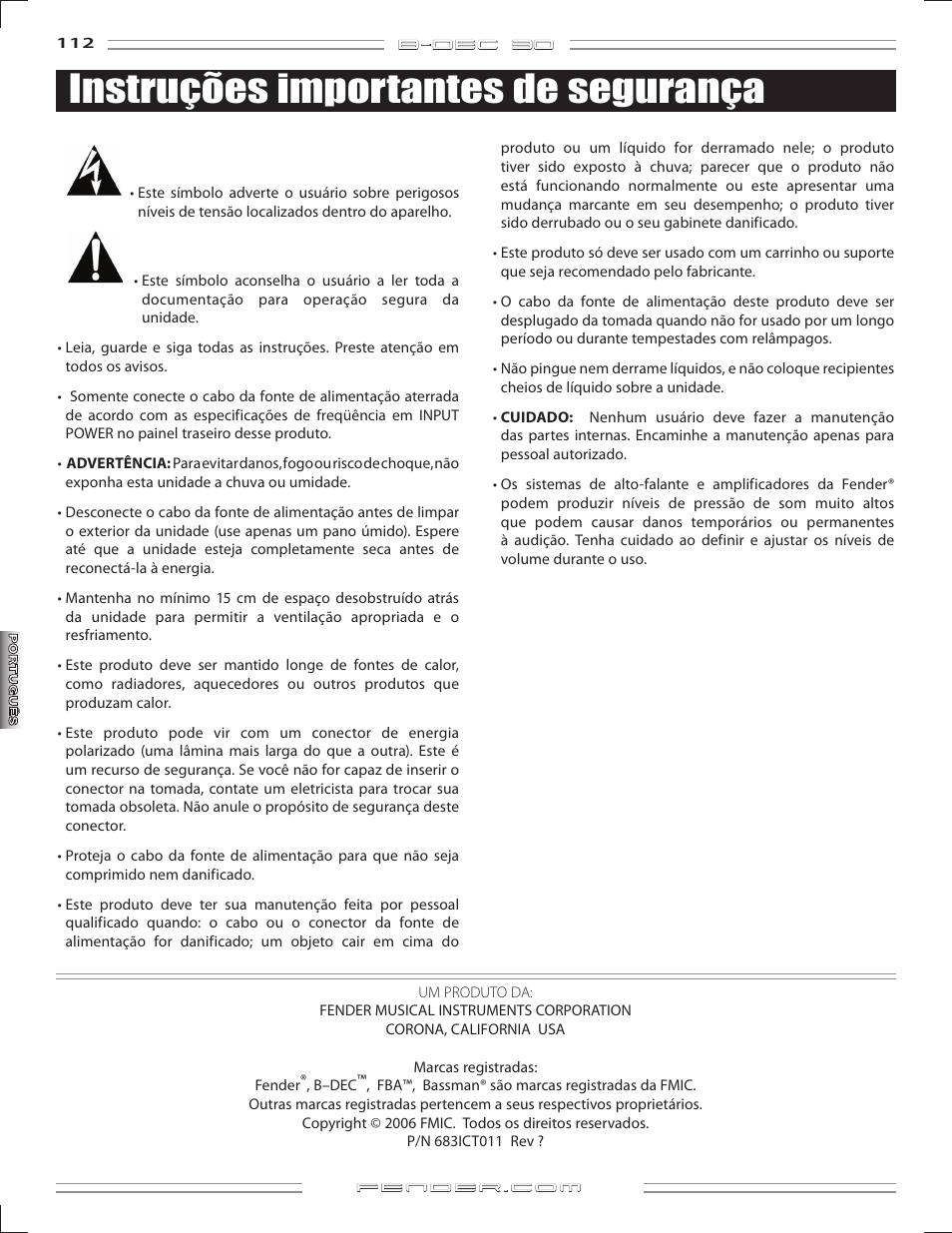 Instruções importantes de segurança | Fender B-DEC 30 User Manual | Page 112 / 156