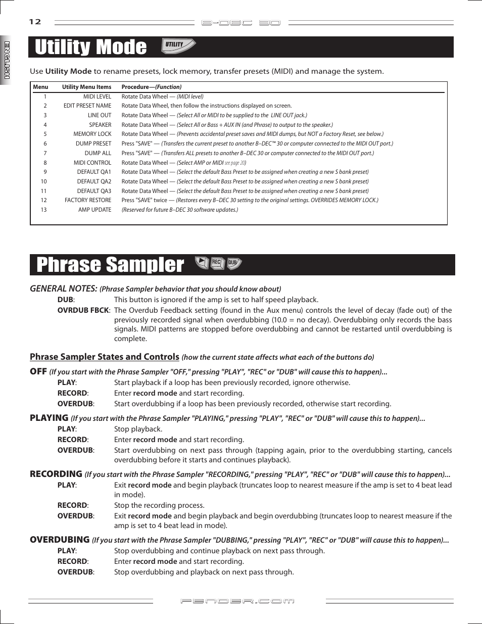 Utility mode, Phrase sampler, B-dec 3o | Phrasesamplerstatesandcontrols, Playing, Recording, Overdubing | Fender B-DEC 30 User Manual | Page 12 / 156