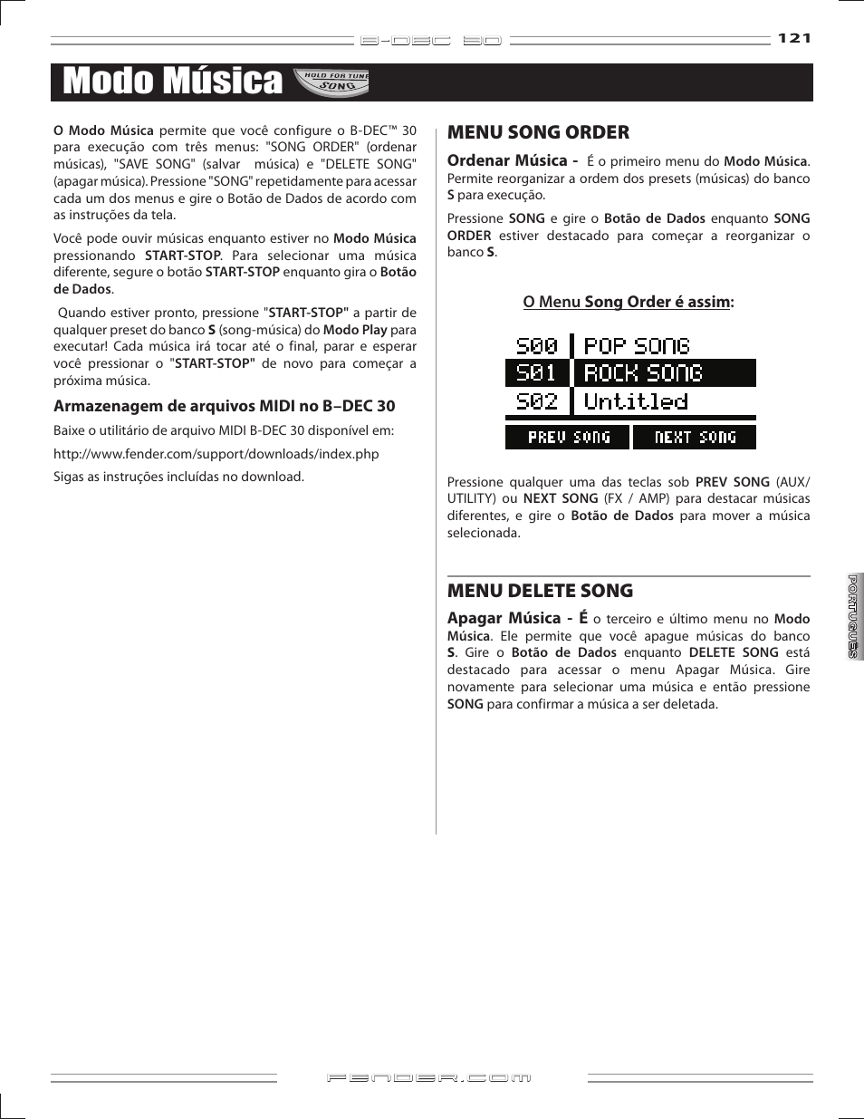 Modo música, Menu song order, Menu delete song | Fender B-DEC 30 User Manual | Page 121 / 156