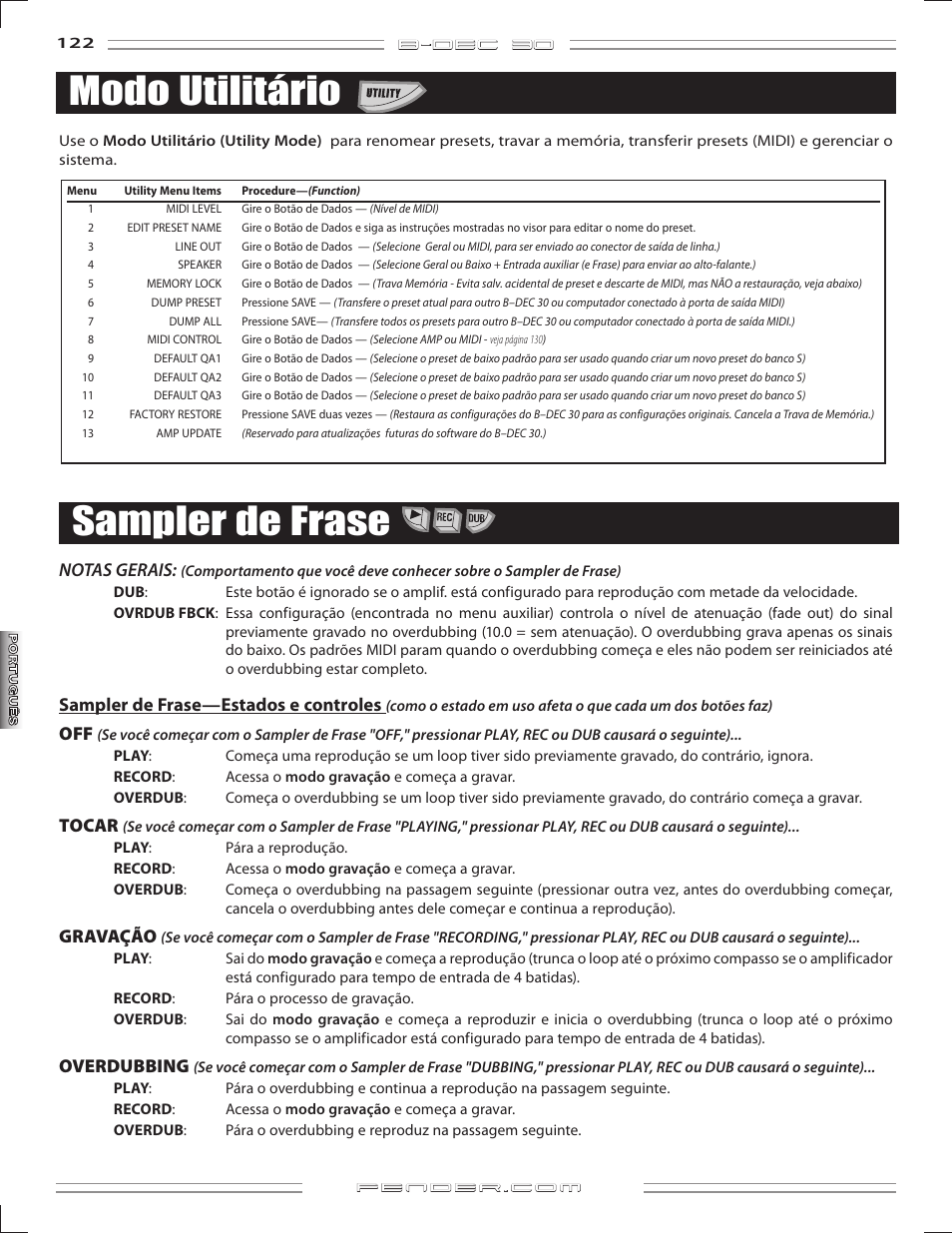 Modo utilitário, Sampler de frase, B-dec 3o | Notas gerais, Samplerdefrase—estadosecontroles, Tocar, Gravação, Overdubbing | Fender B-DEC 30 User Manual | Page 122 / 156