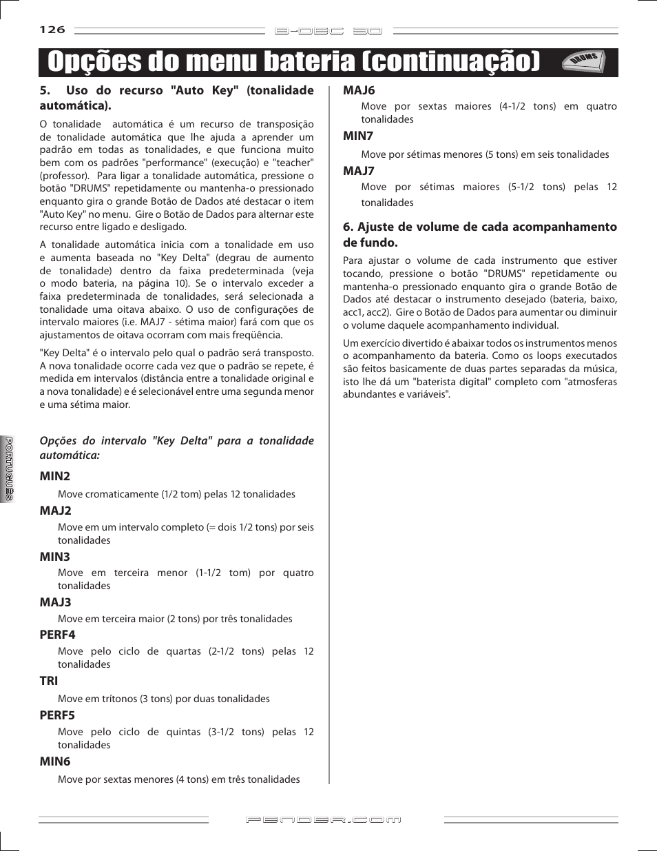 Opções do menu bateria (continuação) | Fender B-DEC 30 User Manual | Page 126 / 156