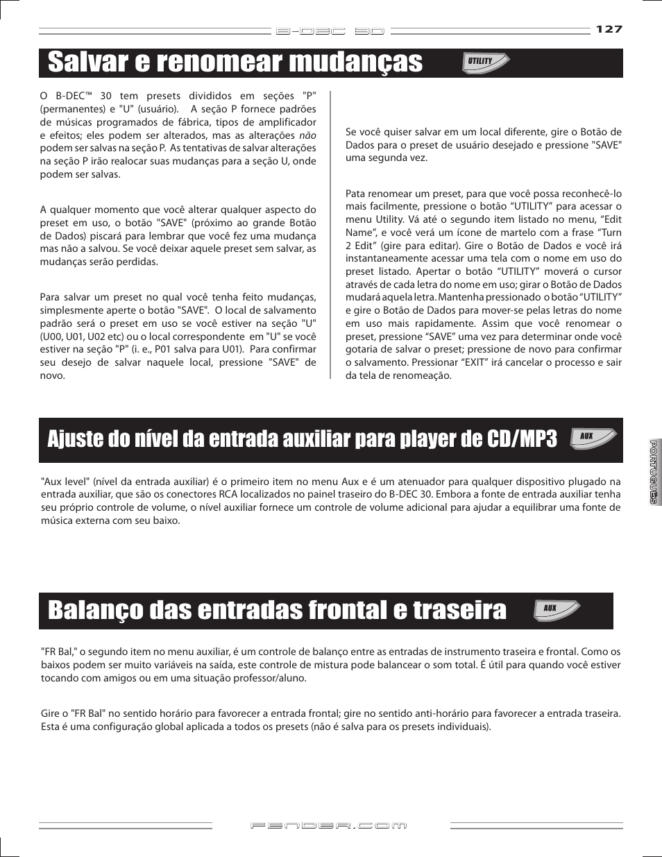 Salvar e renomear mudanças, Balanço das entradas frontal e traseira | Fender B-DEC 30 User Manual | Page 127 / 156