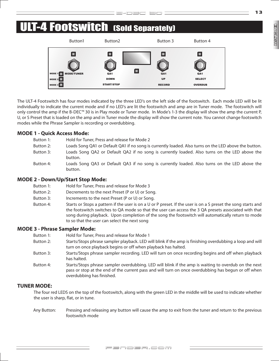 Ult-4 footswitch, Sold separately), B-dec 3o | Mode1-quickaccessmode, Mode2-down/up/startstopmode, Mode-phrasesamplermode, Tunermode | Fender B-DEC 30 User Manual | Page 13 / 156