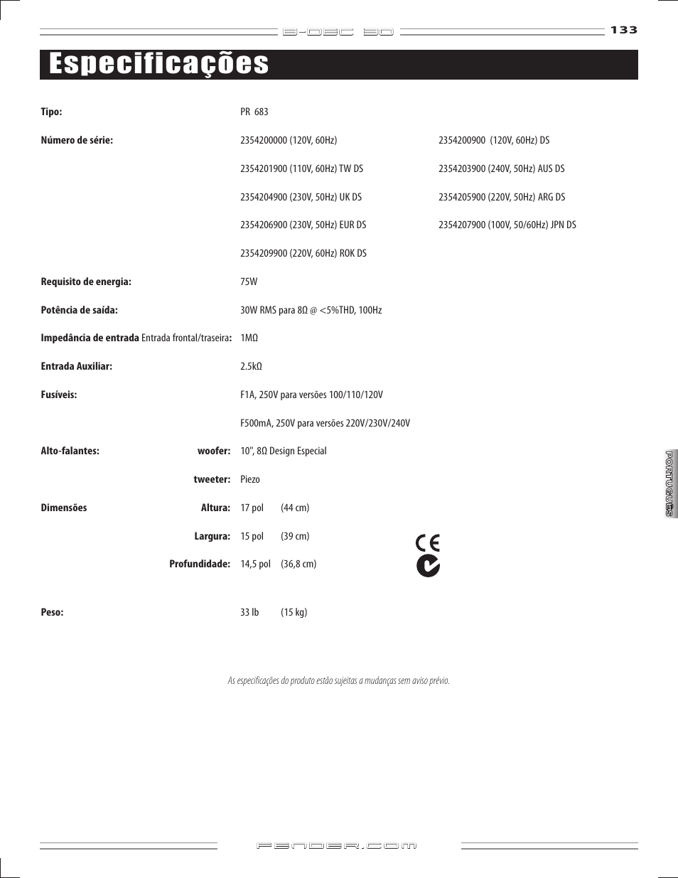 Especificações | Fender B-DEC 30 User Manual | Page 133 / 156