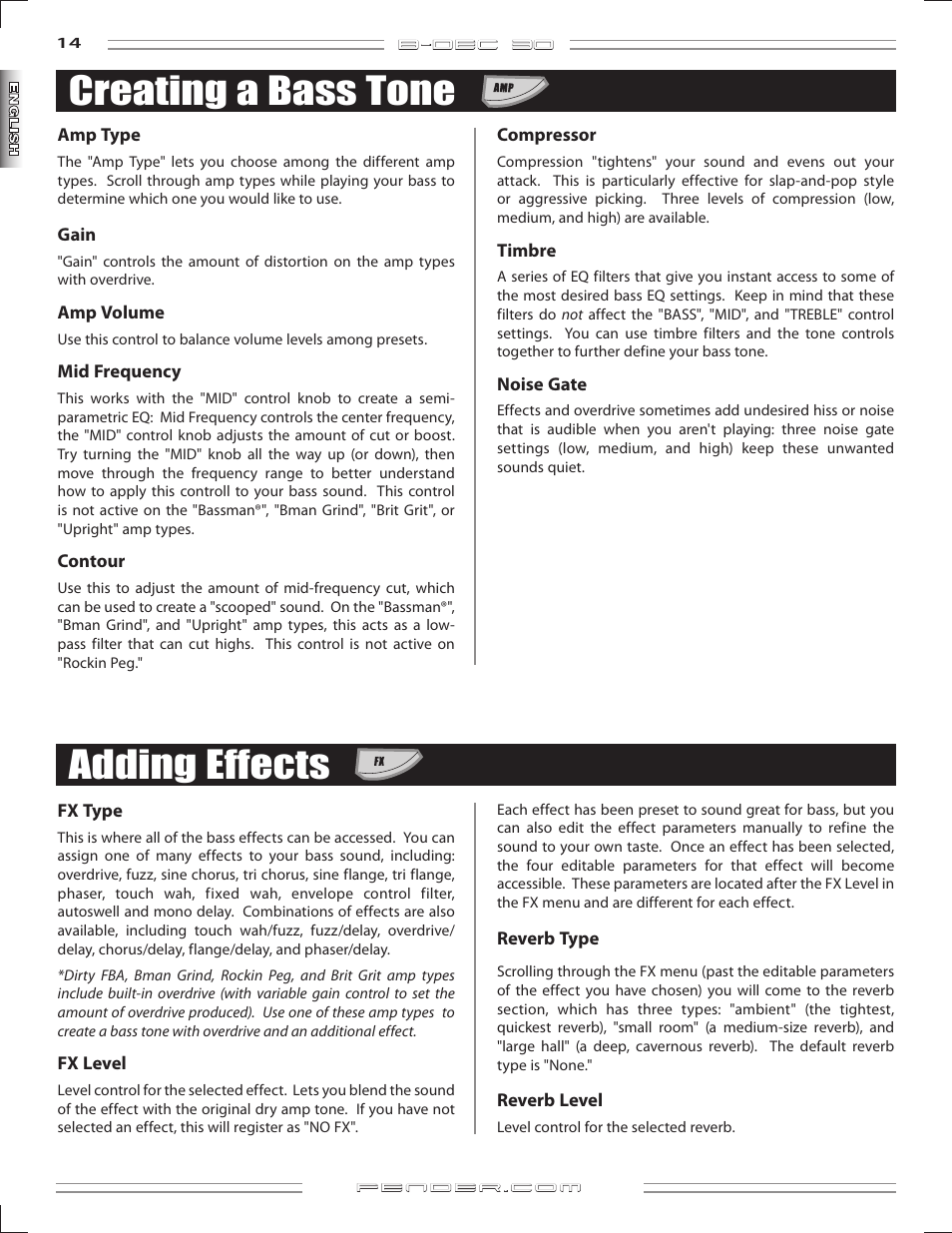 Creating a bass tone, Adding effects | Fender B-DEC 30 User Manual | Page 14 / 156
