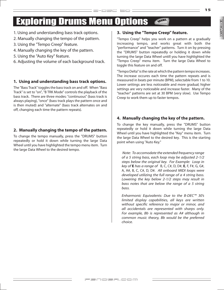 Exploring drums menu options | Fender B-DEC 30 User Manual | Page 15 / 156