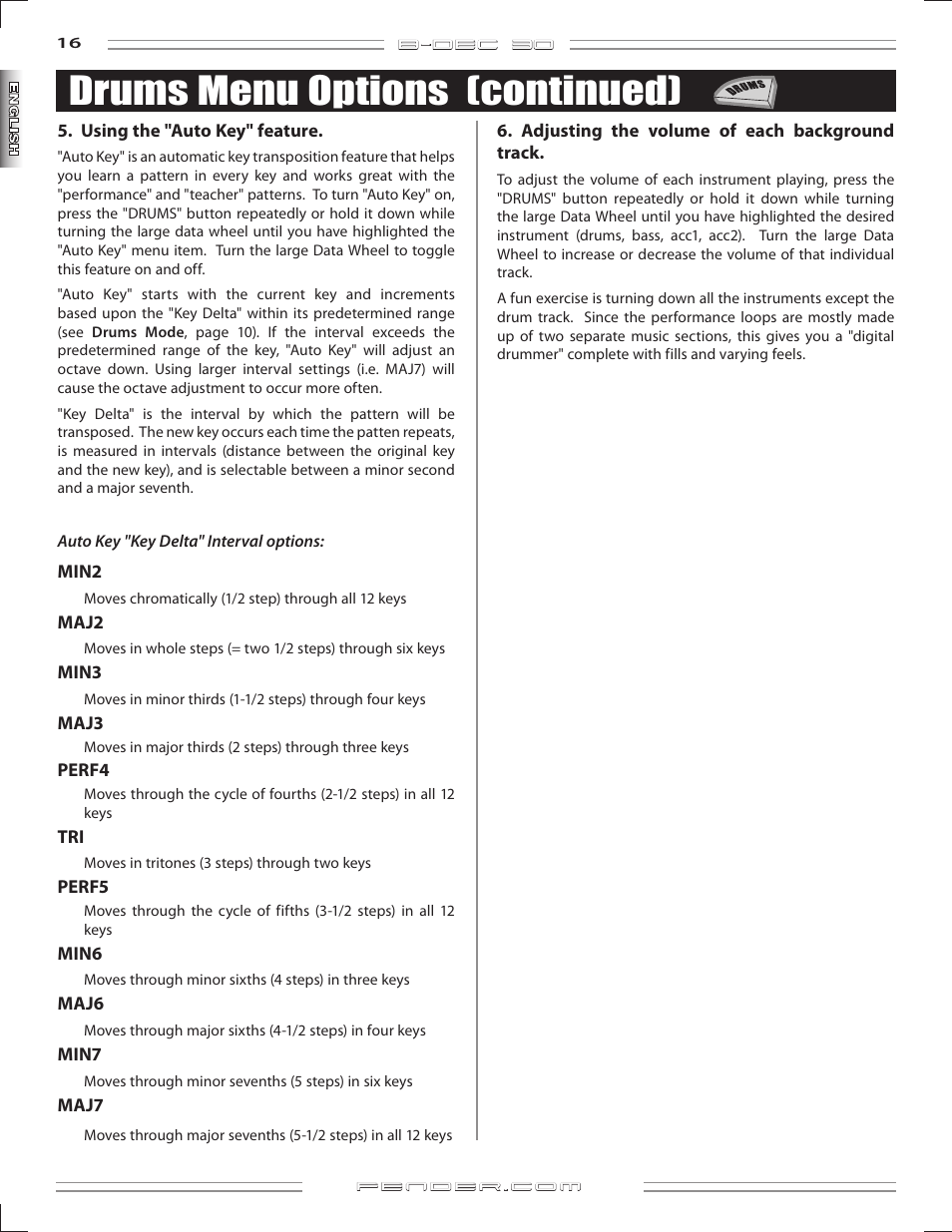 Drums menu options (continued) | Fender B-DEC 30 User Manual | Page 16 / 156