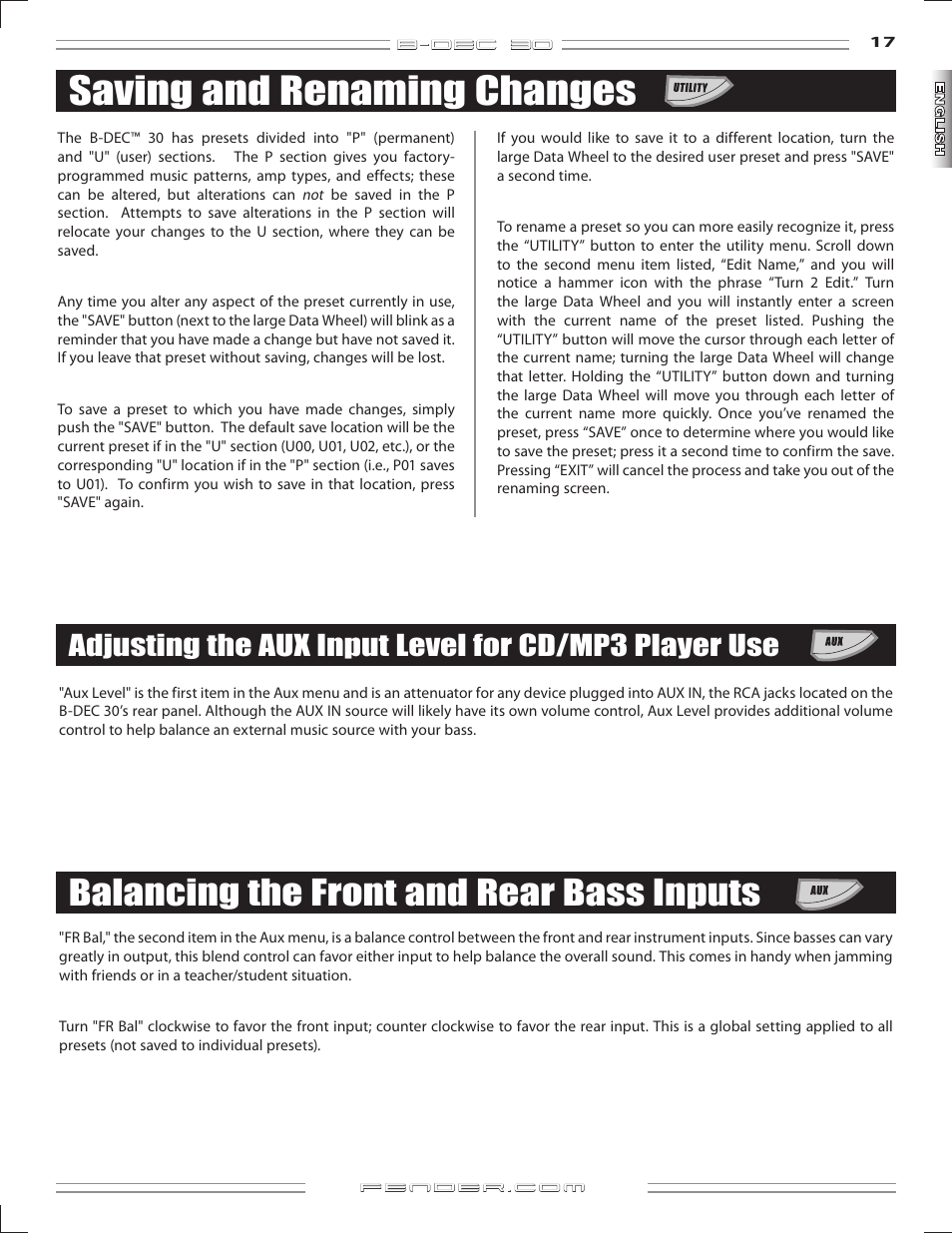 Saving and renaming changes, Balancing the front and rear bass inputs | Fender B-DEC 30 User Manual | Page 17 / 156