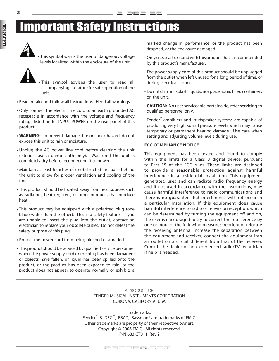 Important safety instructions | Fender B-DEC 30 User Manual | Page 2 / 156
