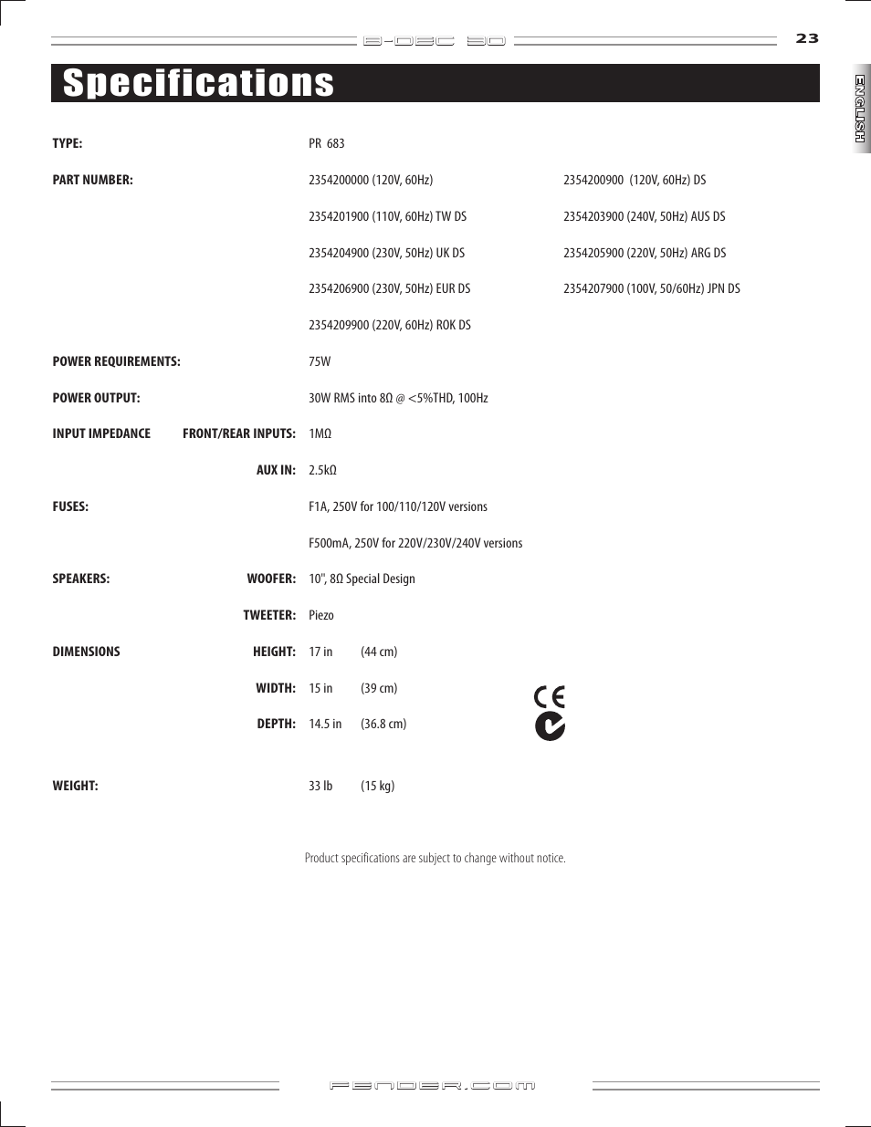 Specifications | Fender B-DEC 30 User Manual | Page 23 / 156