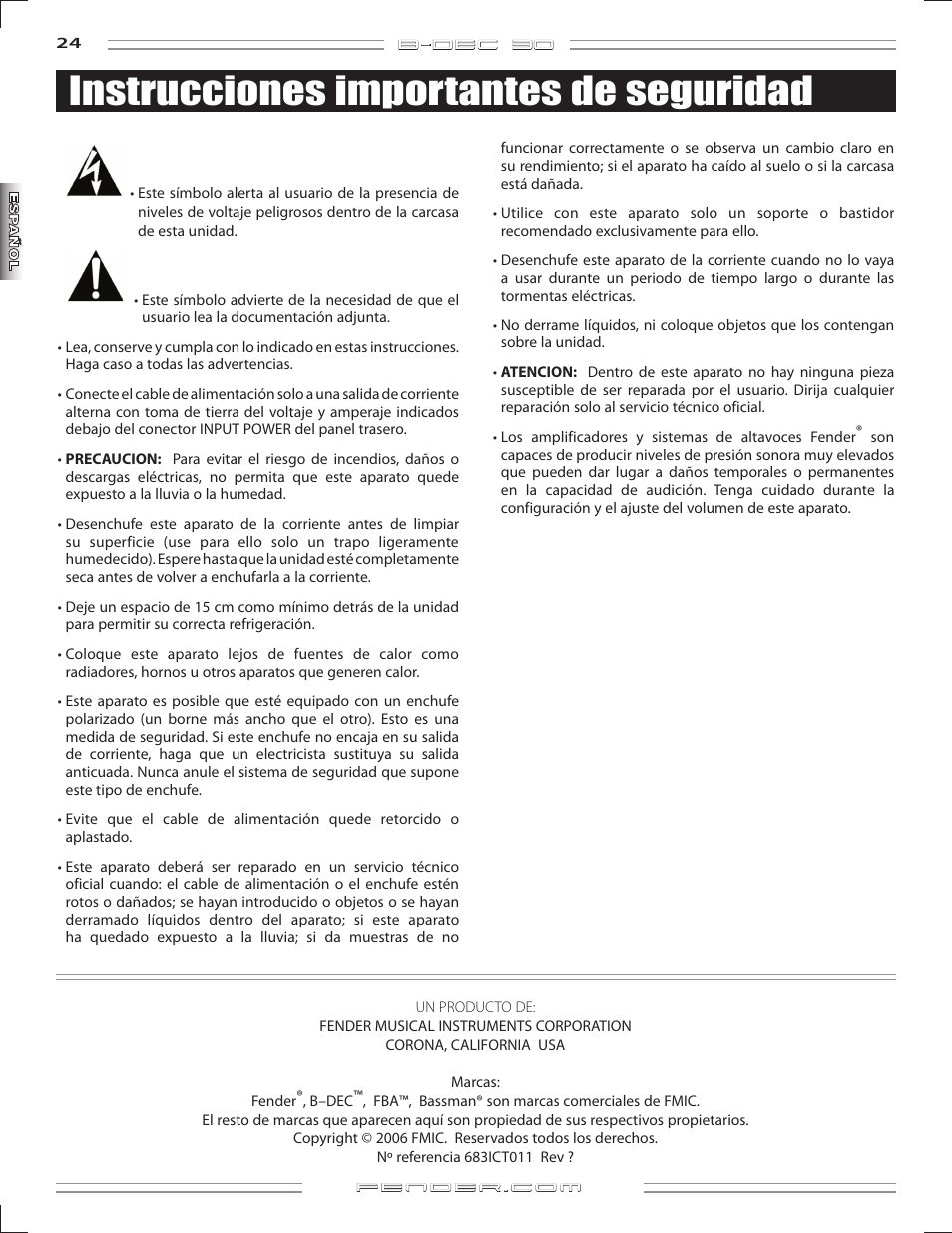 Instrucciones importantes de seguridad | Fender B-DEC 30 User Manual | Page 24 / 156