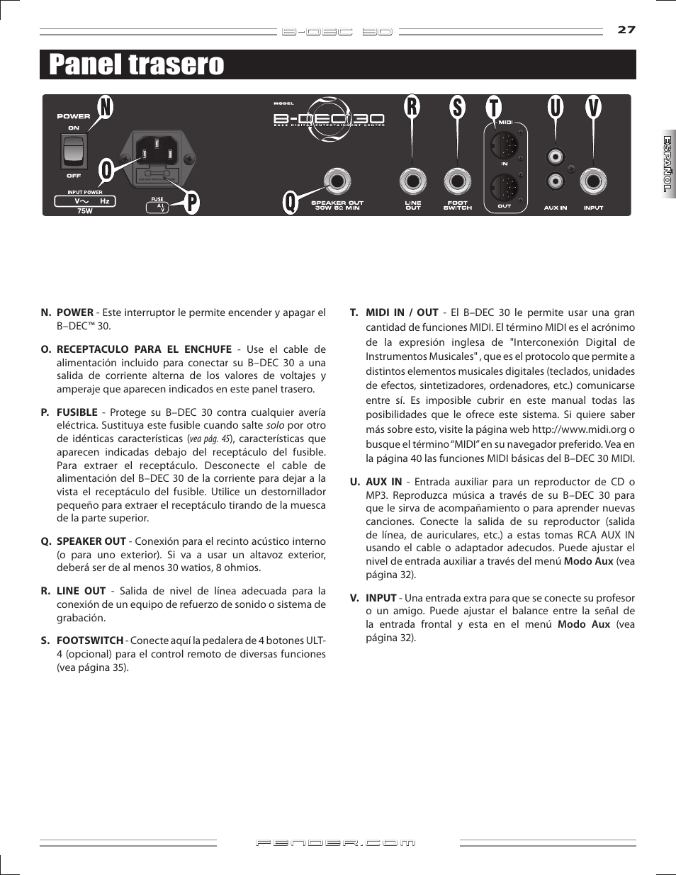 Panel trasero | Fender B-DEC 30 User Manual | Page 27 / 156