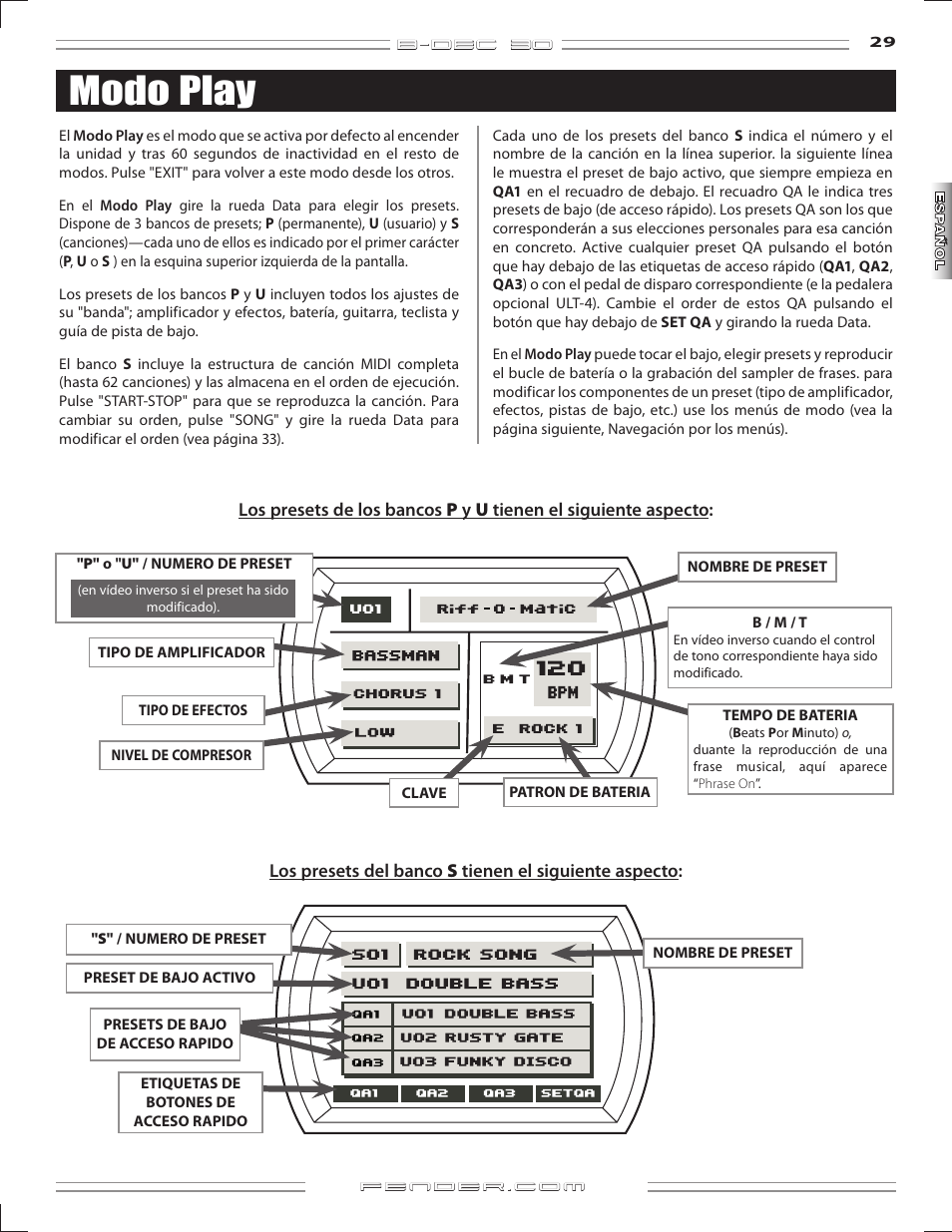 Modo play | Fender B-DEC 30 User Manual | Page 29 / 156