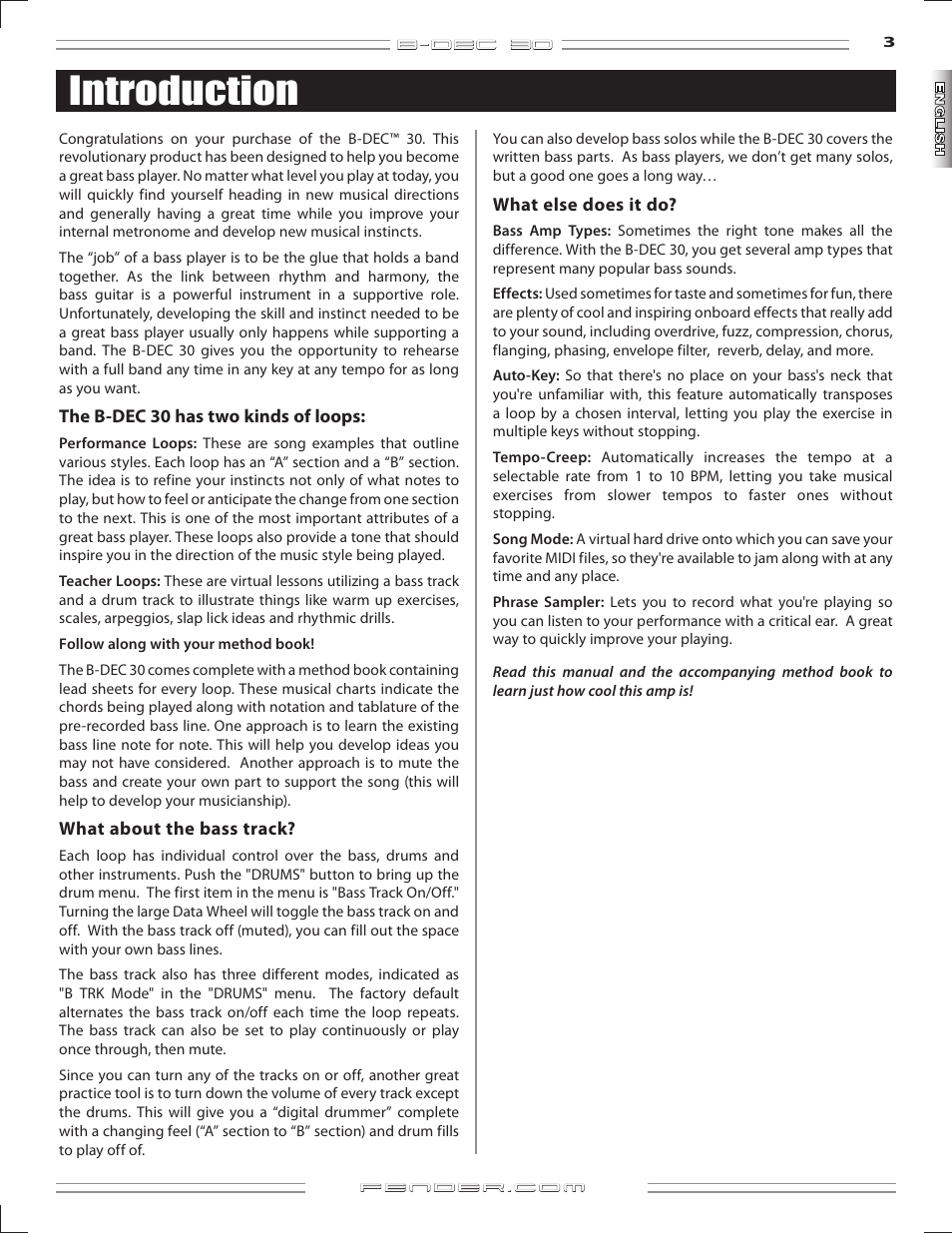 Introduction | Fender B-DEC 30 User Manual | Page 3 / 156