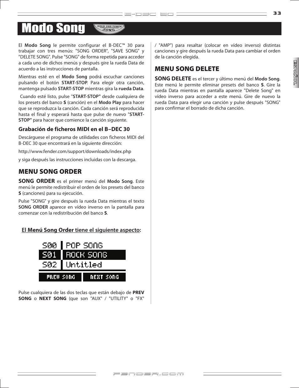 Modo song, Menu song order, Menu song delete | Fender B-DEC 30 User Manual | Page 33 / 156