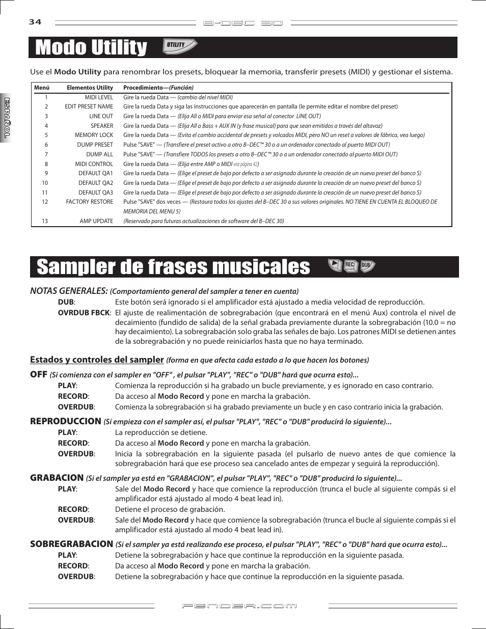 Modo utility, Sampler de frases musicales, B-dec 3o | Notas generales, Estadosycontrolesdelsampler, Reproduccion, Grabacion, Sobregrabacion | Fender B-DEC 30 User Manual | Page 34 / 156