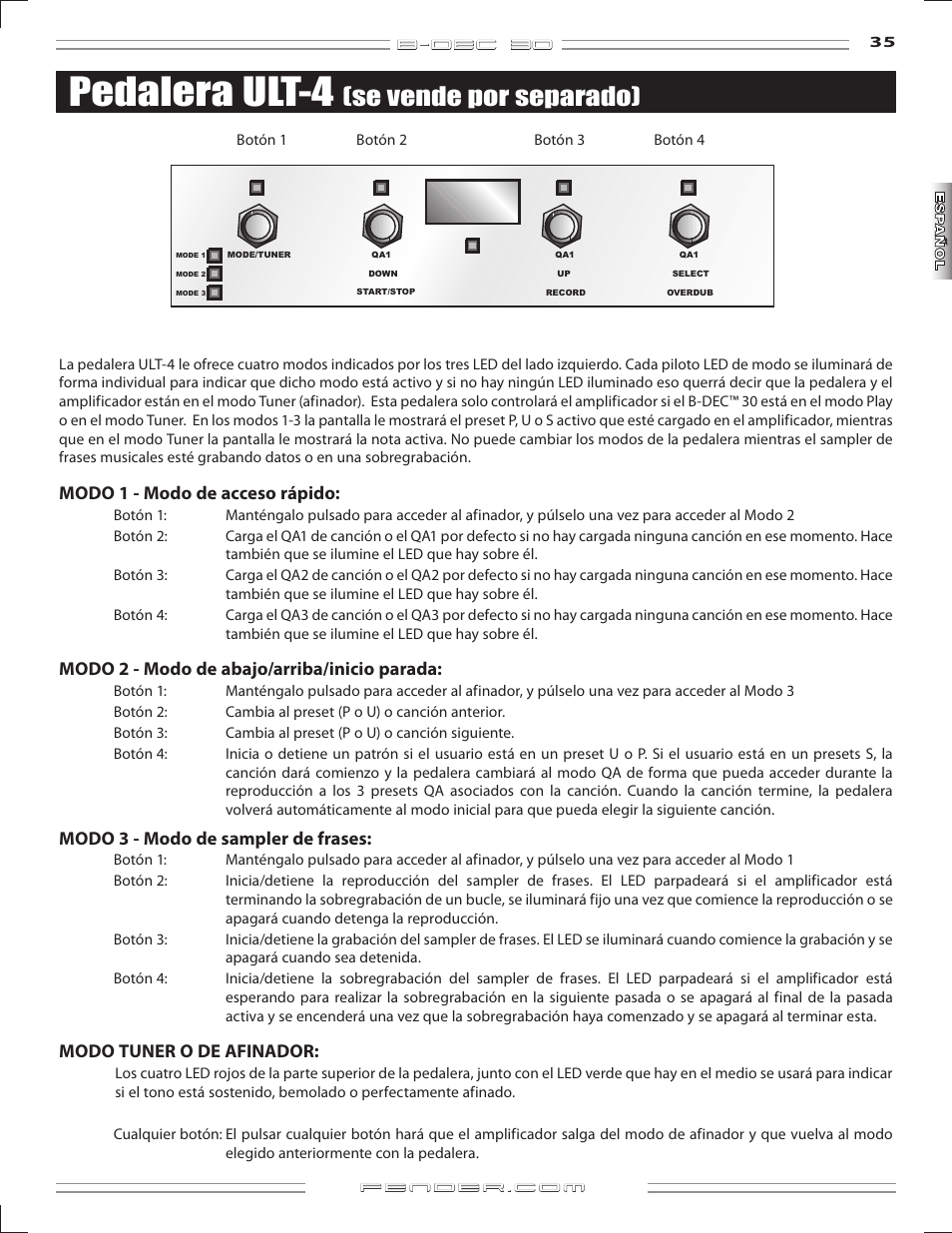 Pedalera ult-4, Se vende por separado), B-dec 3o | Modo1-mododeaccesorápido, Modo2-mododeabajo/arriba/inicioparada, Modo-mododesamplerdefrases, Modotunerodeafinador | Fender B-DEC 30 User Manual | Page 35 / 156