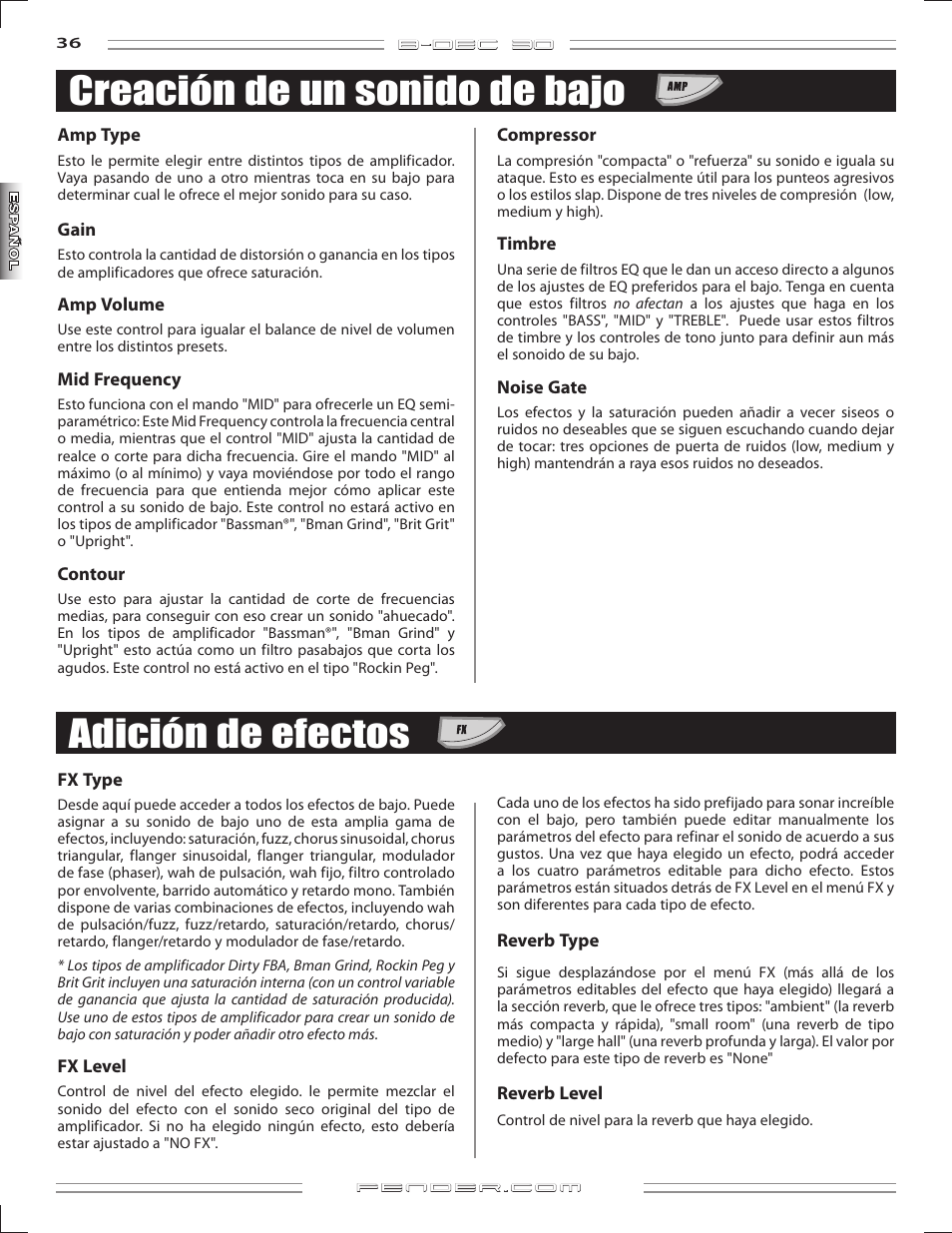 Creación de un sonido de bajo, Adición de efectos | Fender B-DEC 30 User Manual | Page 36 / 156