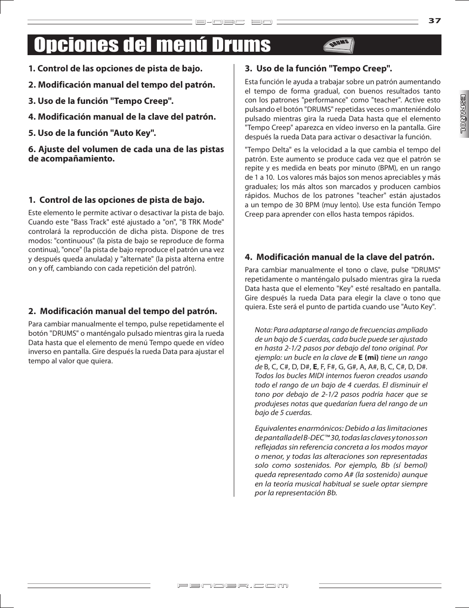 Opciones del menú drums | Fender B-DEC 30 User Manual | Page 37 / 156