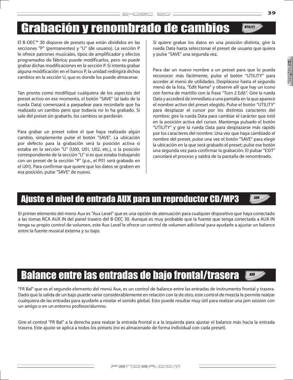 Grabación y renombrado de cambios, Balance entre las entradas de bajo frontal/trasera | Fender B-DEC 30 User Manual | Page 39 / 156