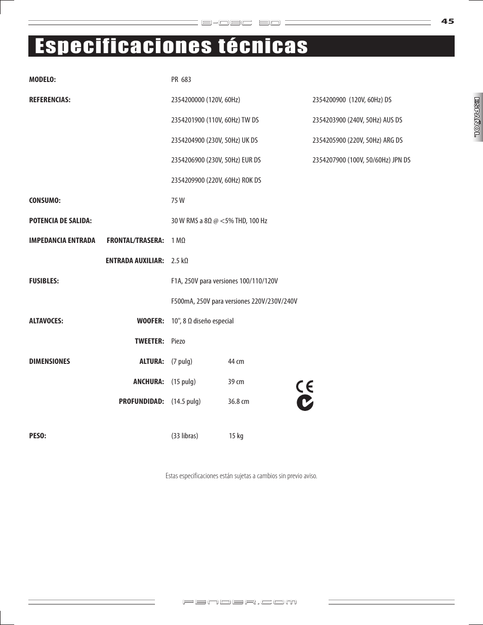 Especificaciones técnicas | Fender B-DEC 30 User Manual | Page 45 / 156