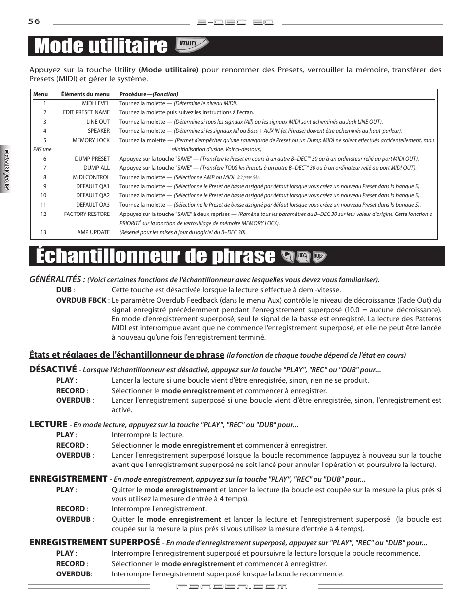 Mode utilitaire, Échantillonneur de phrase, B-dec 3o | Généralités, Étatsetréglagesdel'échantillonneurdephrase, Désactivé, Lecture, Enregistrement, Enregistrement superposé | Fender B-DEC 30 User Manual | Page 56 / 156