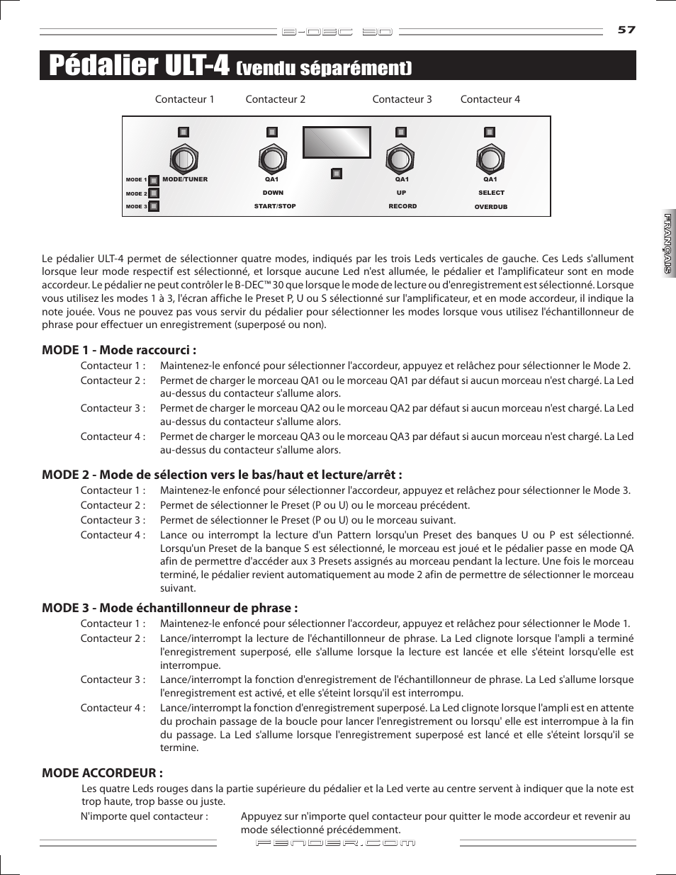 Pédalier ult-4, Vendu séparément), B-dec 3o | Mode1-moderaccourci, Mode-modeéchantillonneurdephrase, Modeaccordeur | Fender B-DEC 30 User Manual | Page 57 / 156