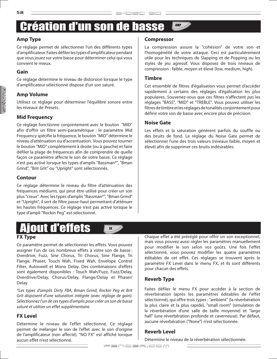 Création d'un son de basse, Ajout d'effets | Fender B-DEC 30 User Manual | Page 58 / 156