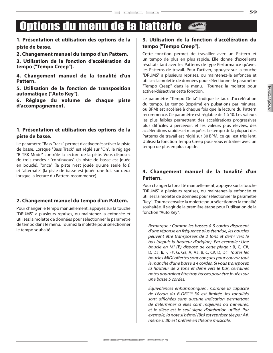 Options du menu de la batterie | Fender B-DEC 30 User Manual | Page 59 / 156