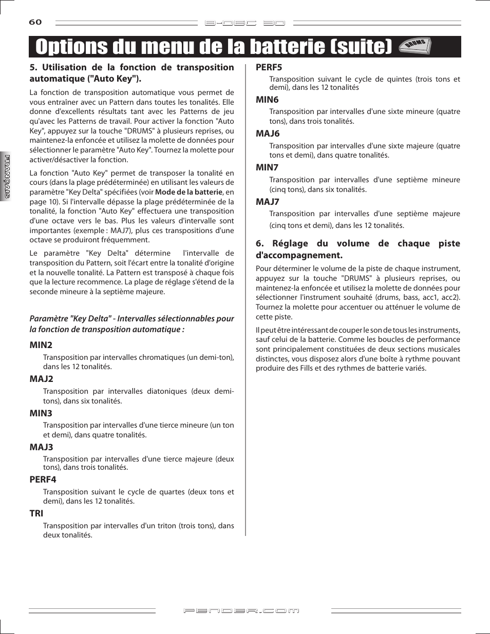 Options du menu de la batterie (suite) | Fender B-DEC 30 User Manual | Page 60 / 156