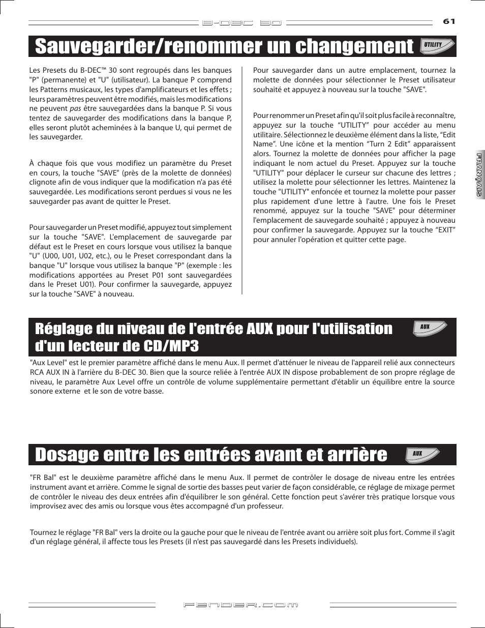 Sauvegarder/renommer un changement, Dosage entre les entrées avant et arrière | Fender B-DEC 30 User Manual | Page 61 / 156