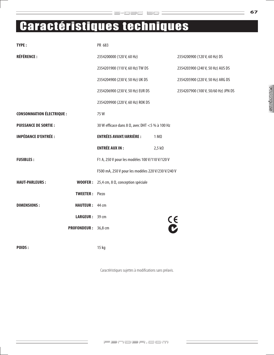 Caractéristiques techniques | Fender B-DEC 30 User Manual | Page 67 / 156