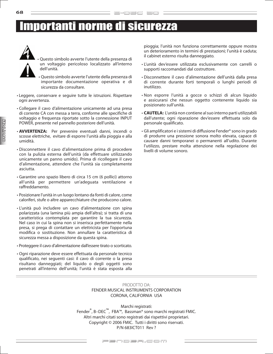 Importanti norme di sicurezza | Fender B-DEC 30 User Manual | Page 68 / 156