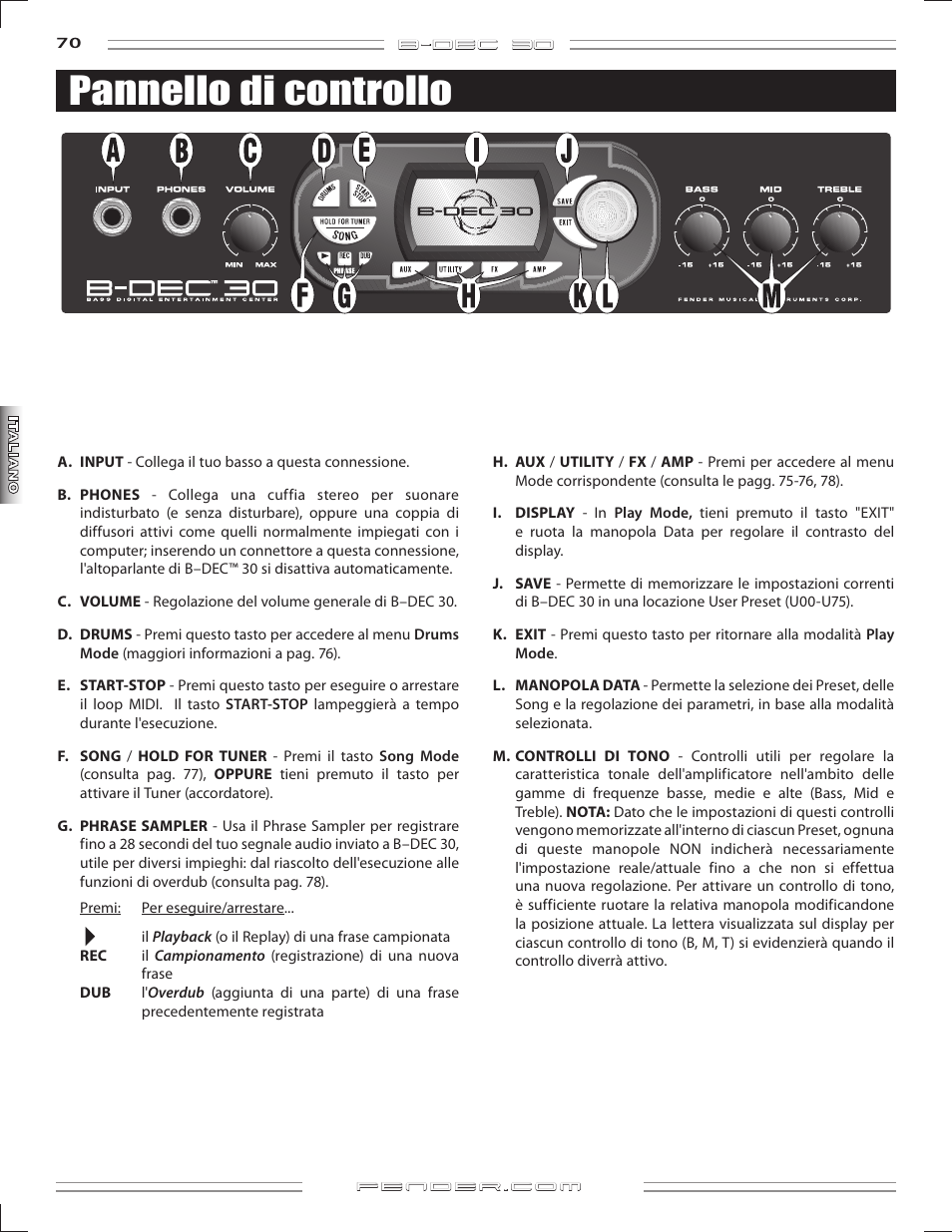 Pannello di controllo | Fender B-DEC 30 User Manual | Page 70 / 156
