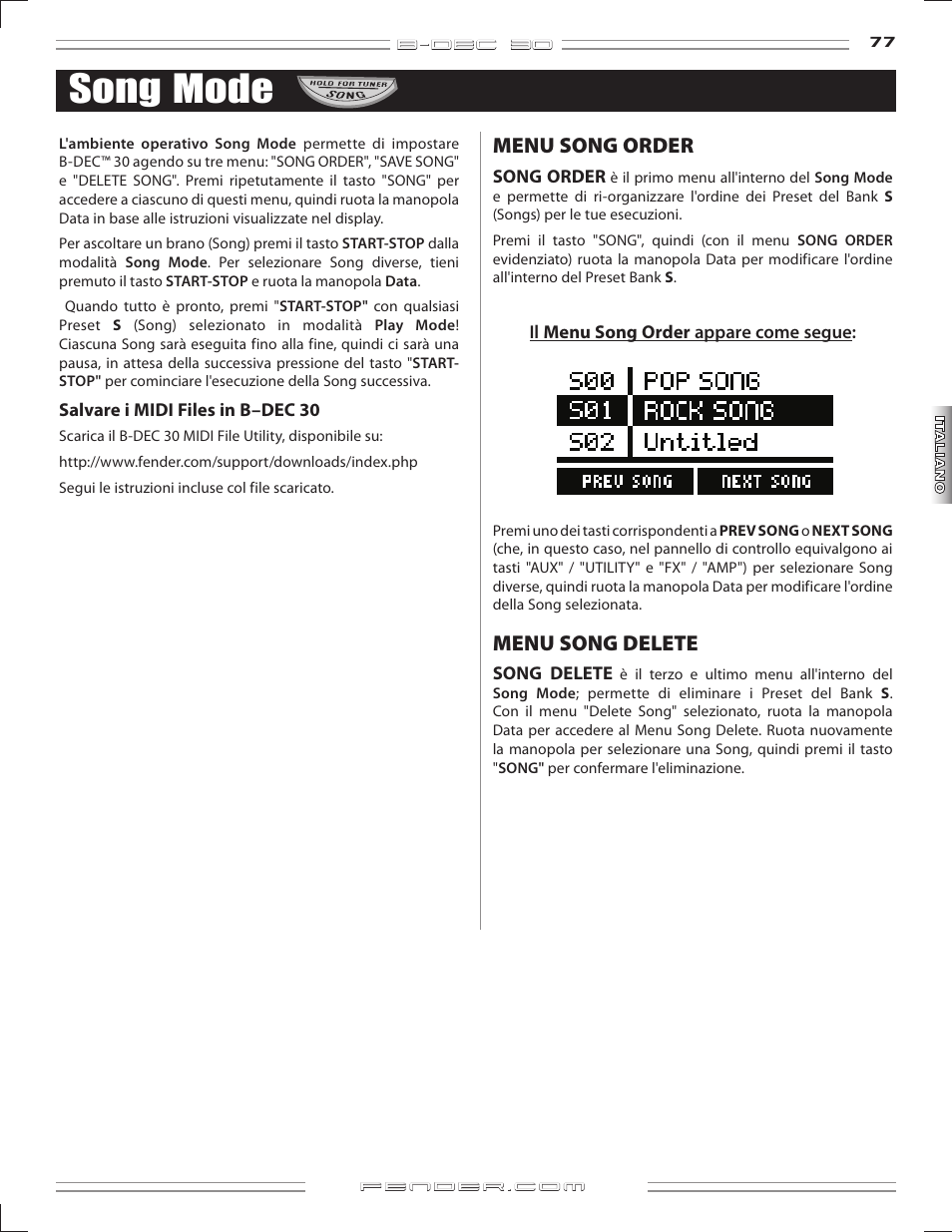 Song mode, Menu song order, Menu song delete | Fender B-DEC 30 User Manual | Page 77 / 156