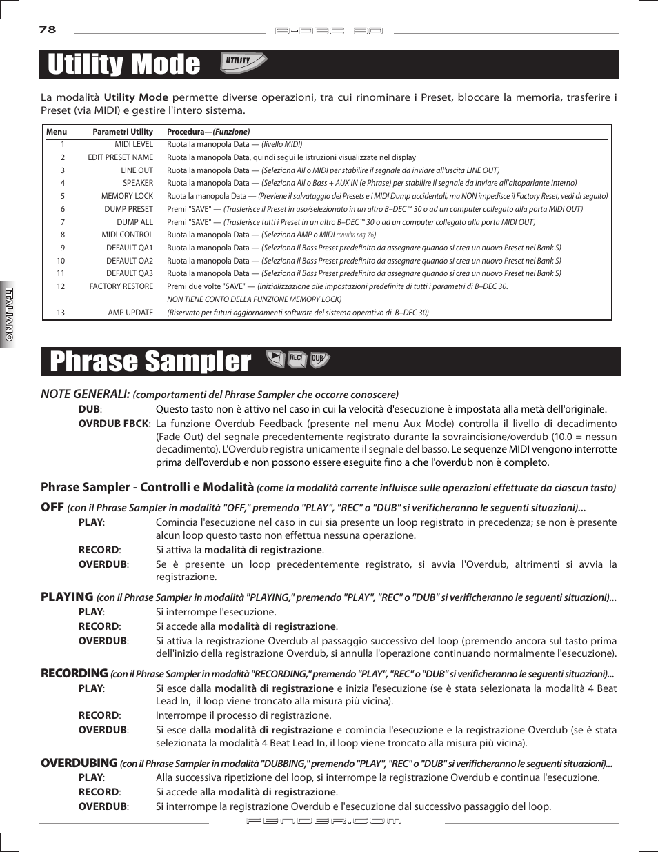 Utility mode, Phrase sampler, B-dec 3o | Phrasesampler-controlliemodalità, Playing, Recording, Overdubing | Fender B-DEC 30 User Manual | Page 78 / 156