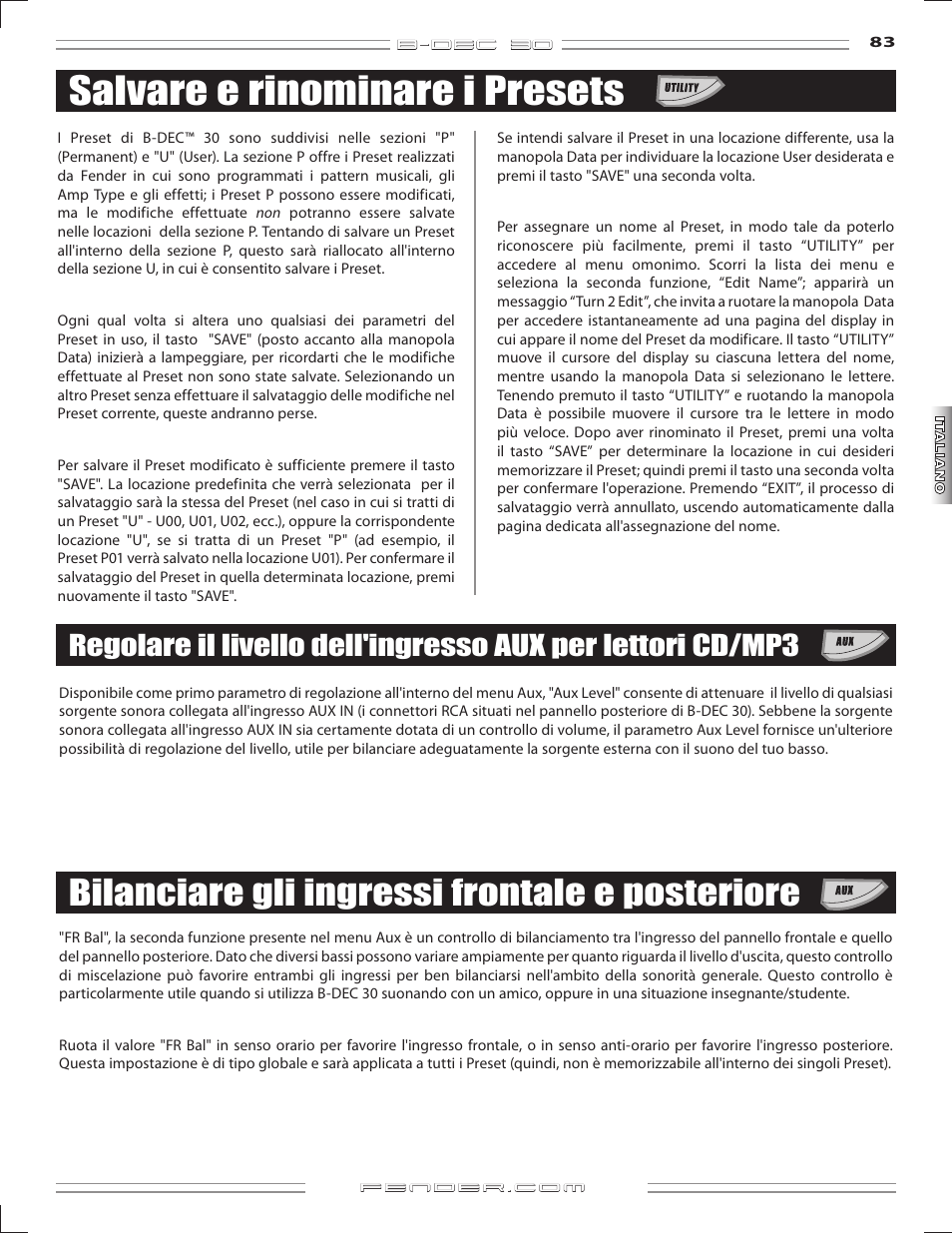 Salvare e rinominare i presets, Bilanciare gli ingressi frontale e posteriore | Fender B-DEC 30 User Manual | Page 83 / 156