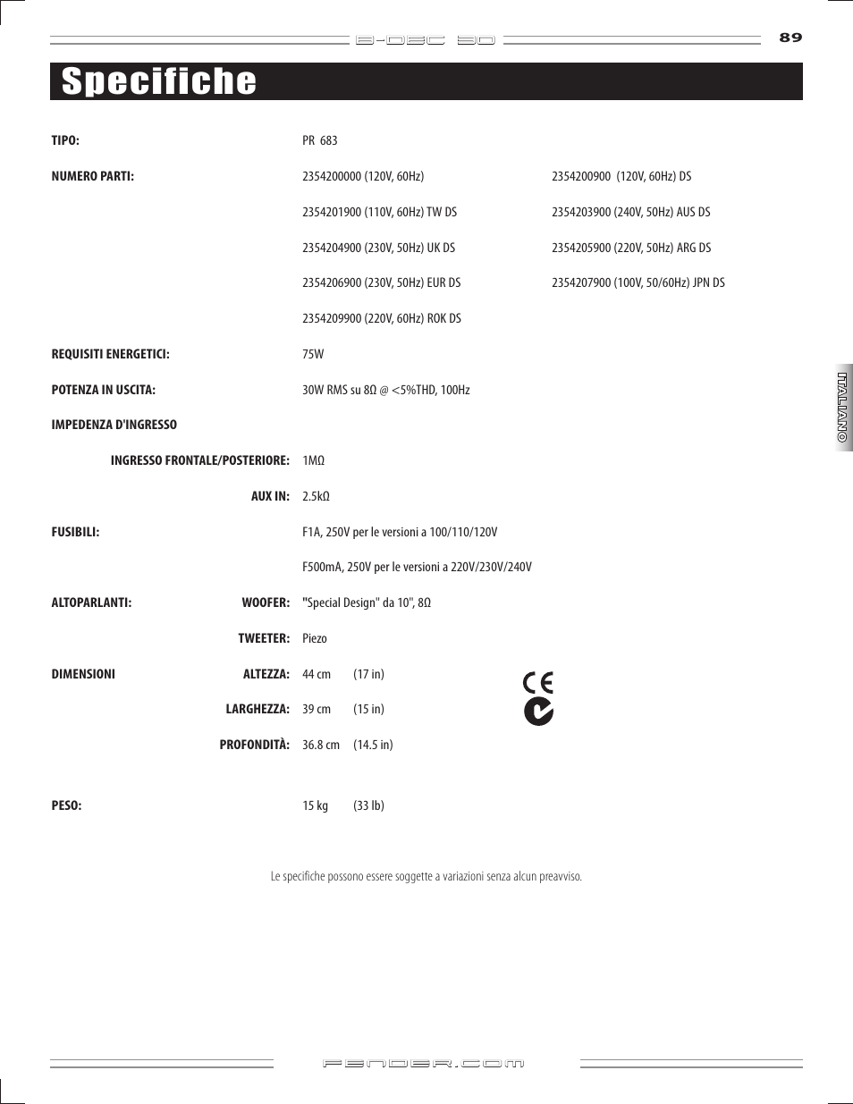 Specifiche | Fender B-DEC 30 User Manual | Page 89 / 156