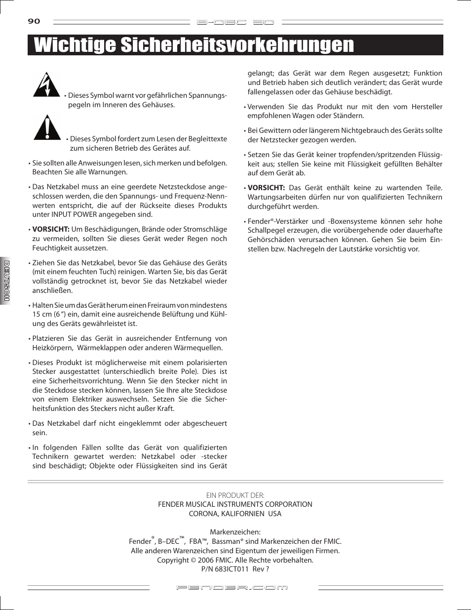 Wichtige sicherheitsvorkehrungen | Fender B-DEC 30 User Manual | Page 90 / 156