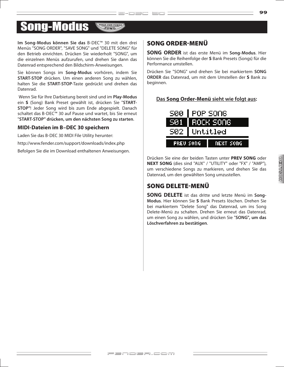 Song-modus, Song order-menü, Song delete-menü | Fender B-DEC 30 User Manual | Page 99 / 156