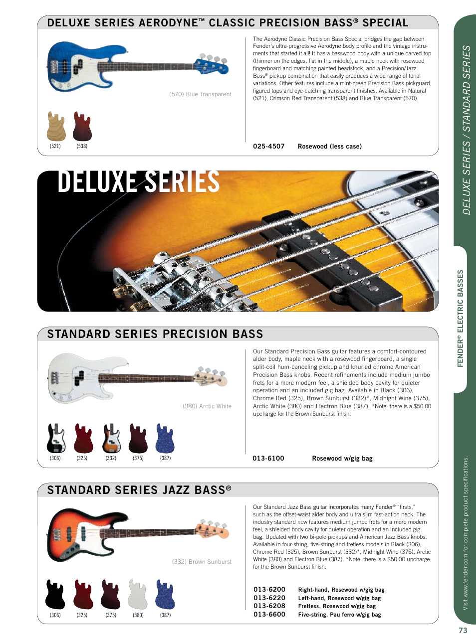 Deluxe series, Standard series jazz bass, Standard series precision bass | Deluxe series aerodyne, Classic precision bass, Special, Deluxe series / st andard series | Fender Artist Series User Manual | Page 12 / 12
